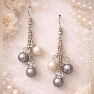 Pearl and Crystal Dangle Earrings - Silver and Cream